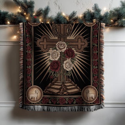 Religious Tapestry with Roses and Cross Design Blanket