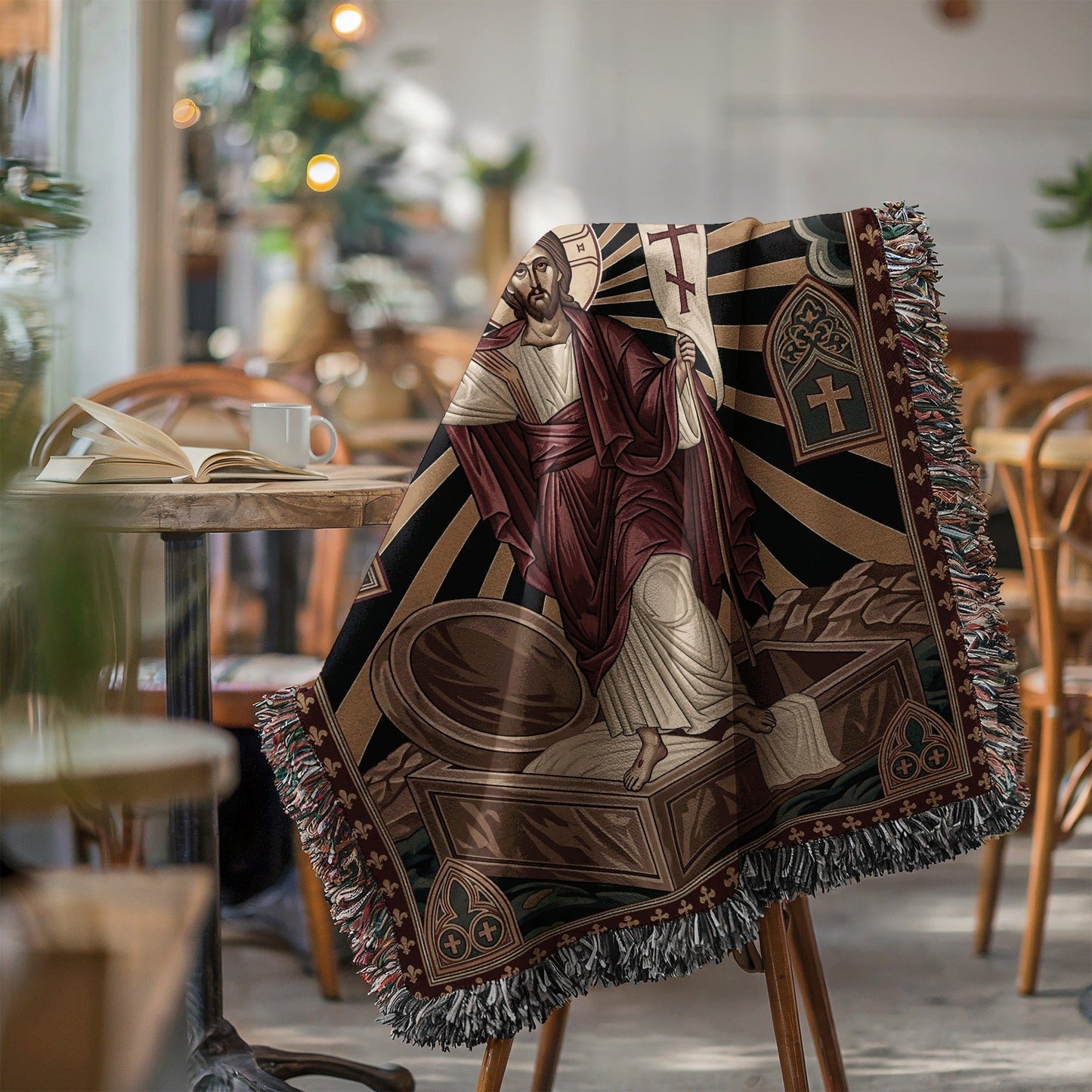 Religious Themed Blanket with Jesus and Cross Artwork