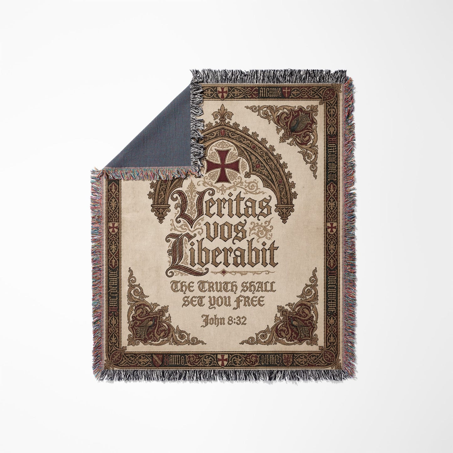 Woven blanket with "Veritas vos liberabit" and "The truth shall set you free" scripture.