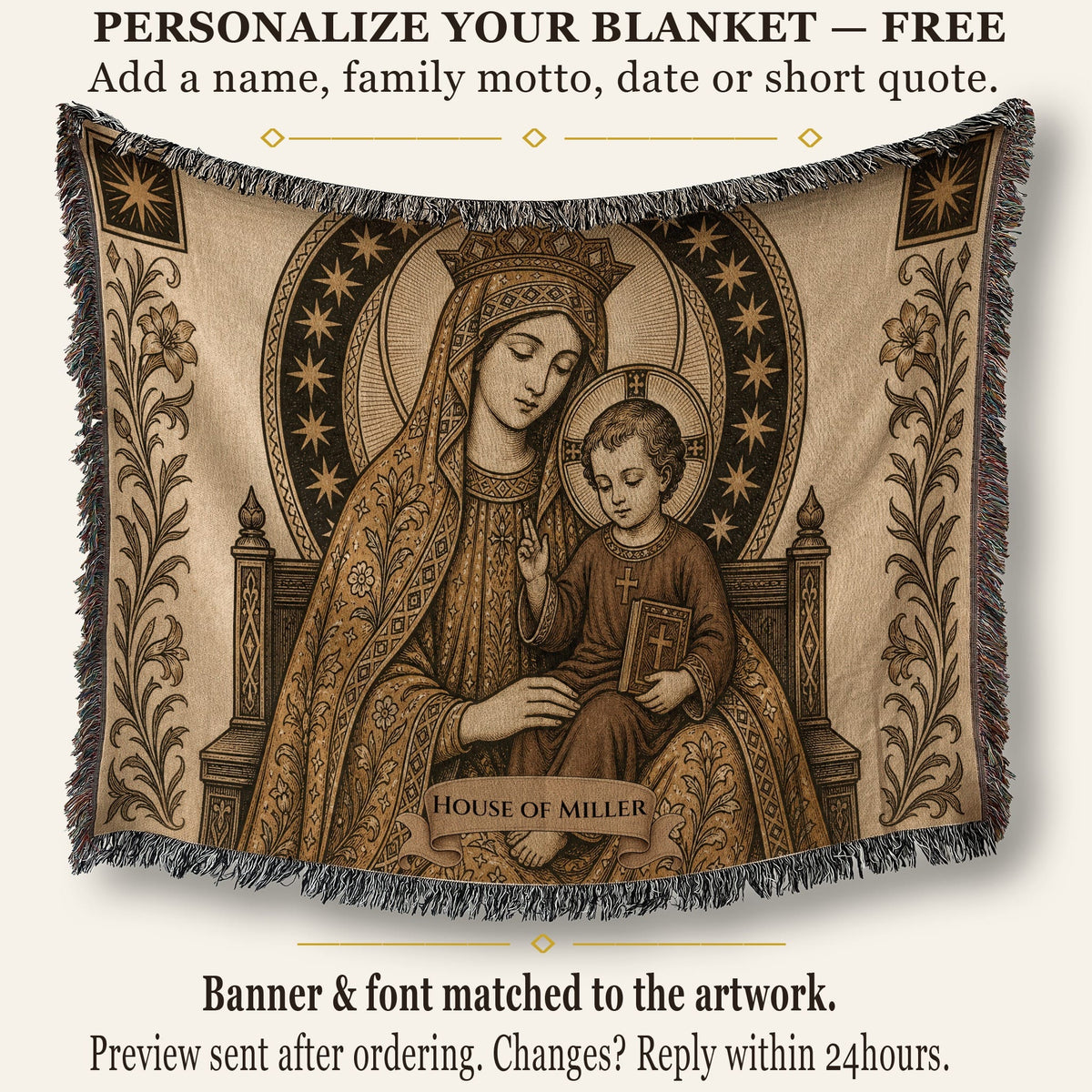 CalmNestStyle Madonna and Child in Gold jacquard woven blanket
