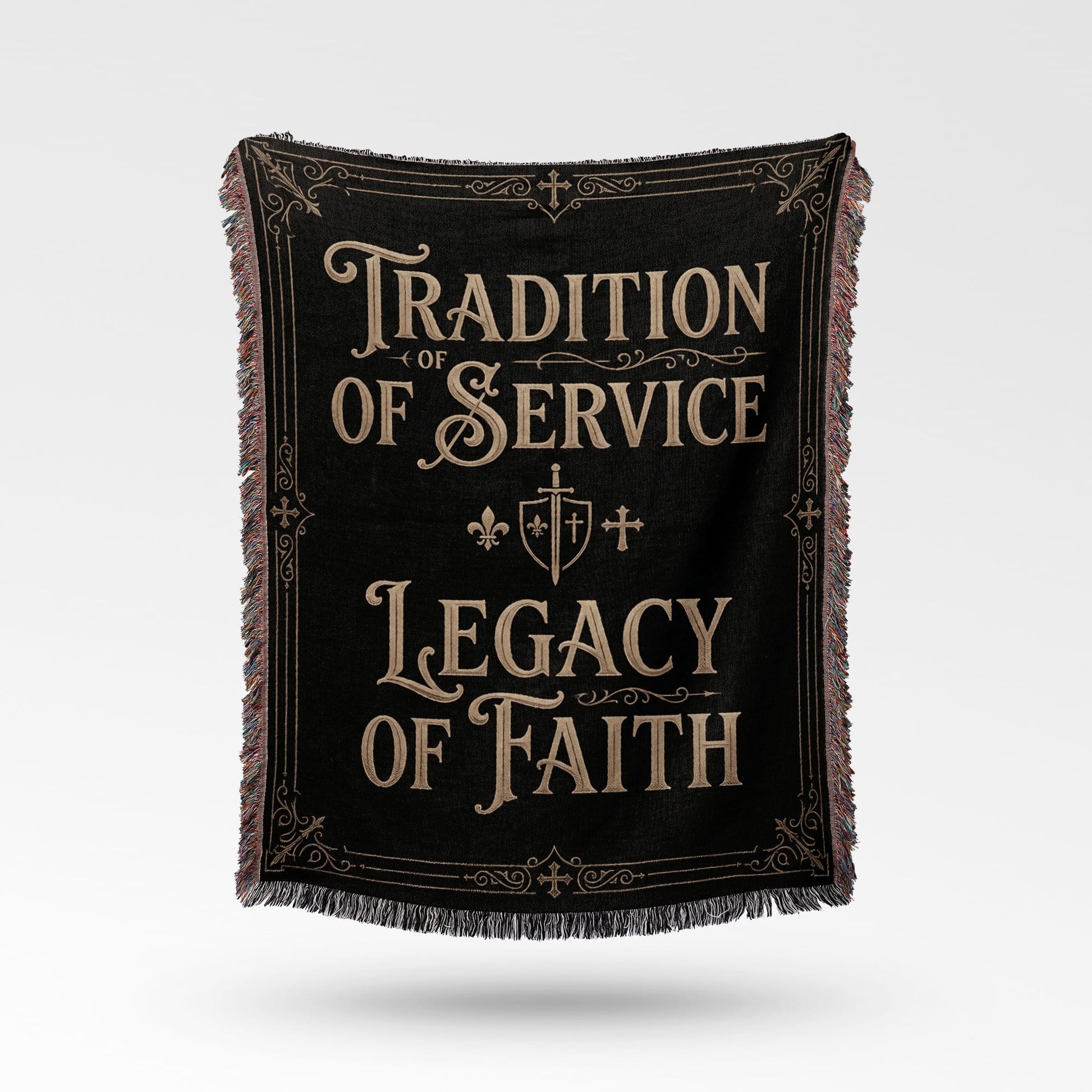 Black woven blanket with text "Tradition of Service" and "Legacy of Faith".