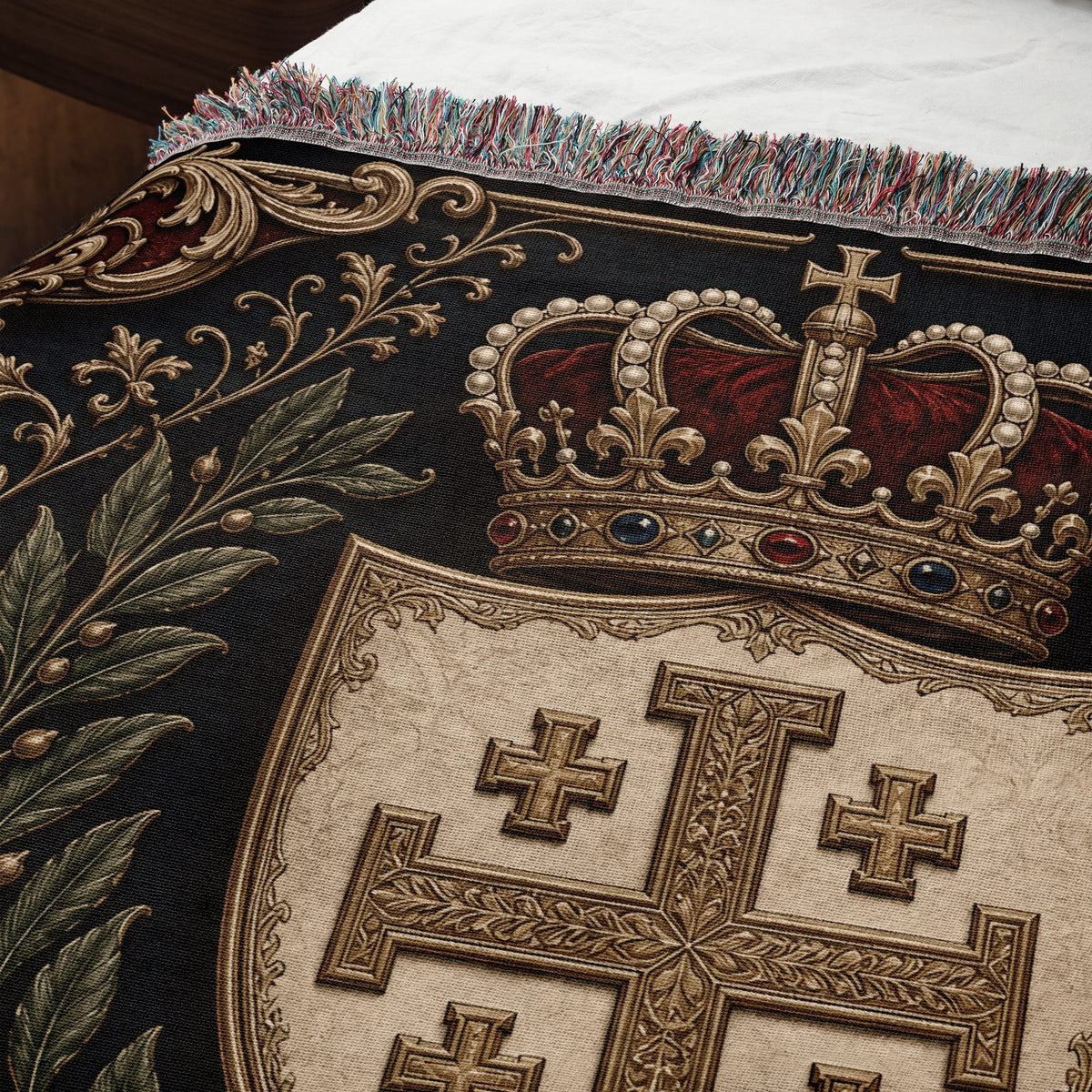 CalmNestStyle Order of Jerusalem Crest I Crimson Border jacquard woven blanket