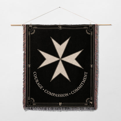 CalmNestStyle Courage Compassion Commitment Maltese Cross Black Woven Blanket jacquard woven blanket