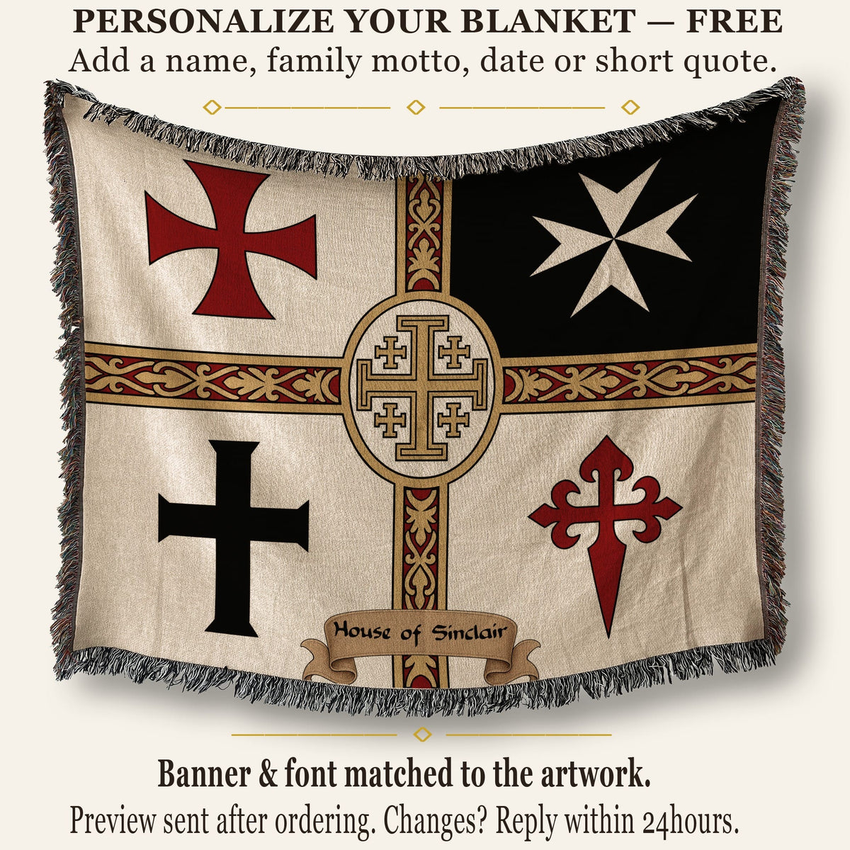 Blanket with four crosses, personalized with "House of Sinclair" text.