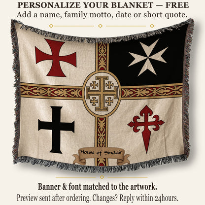 Blanket with four crosses, personalized with "House of Sinclair" text.