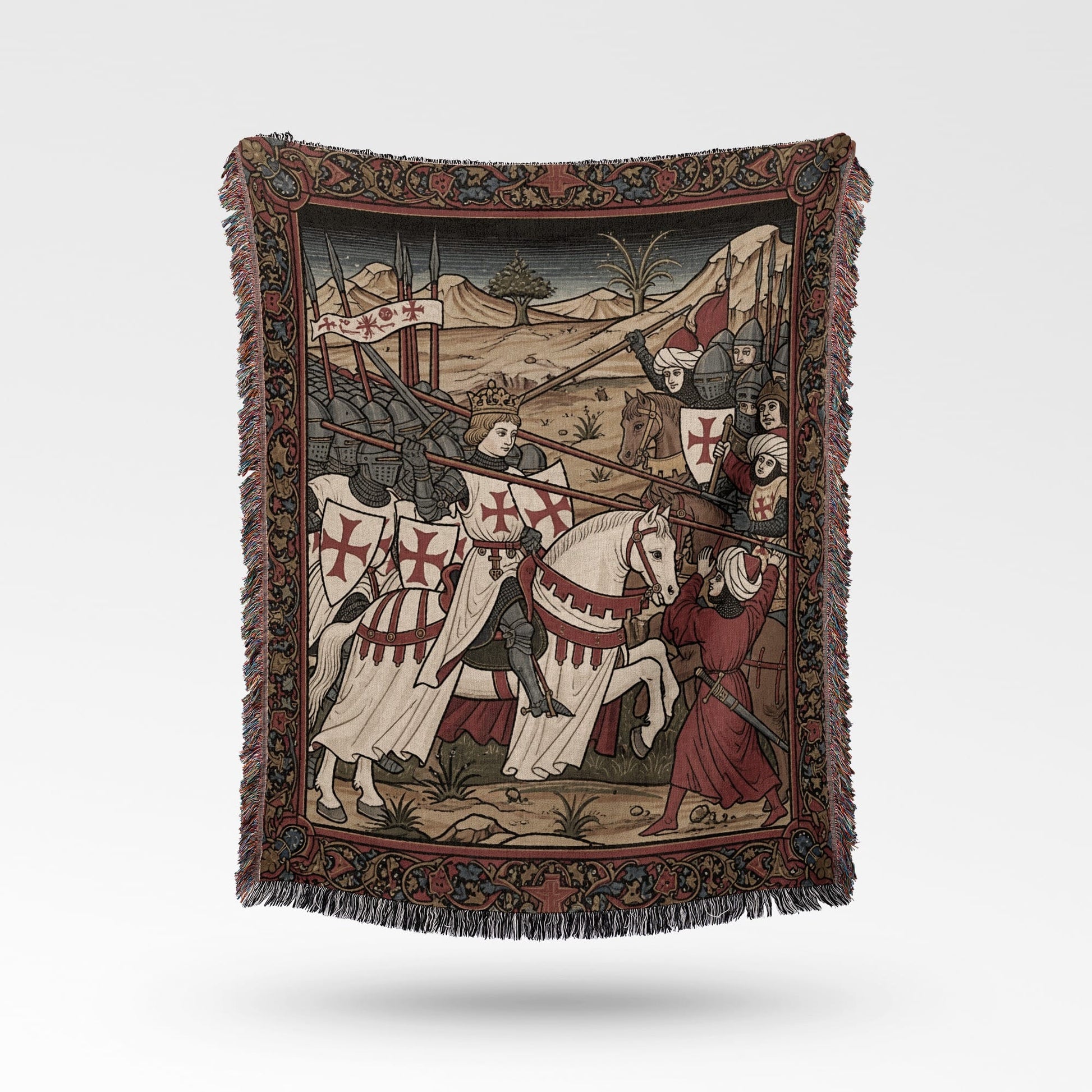 Medieval battle scene with knights on horseback and soldiers in red.