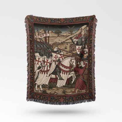 Medieval battle scene with knights on horseback and soldiers in red.