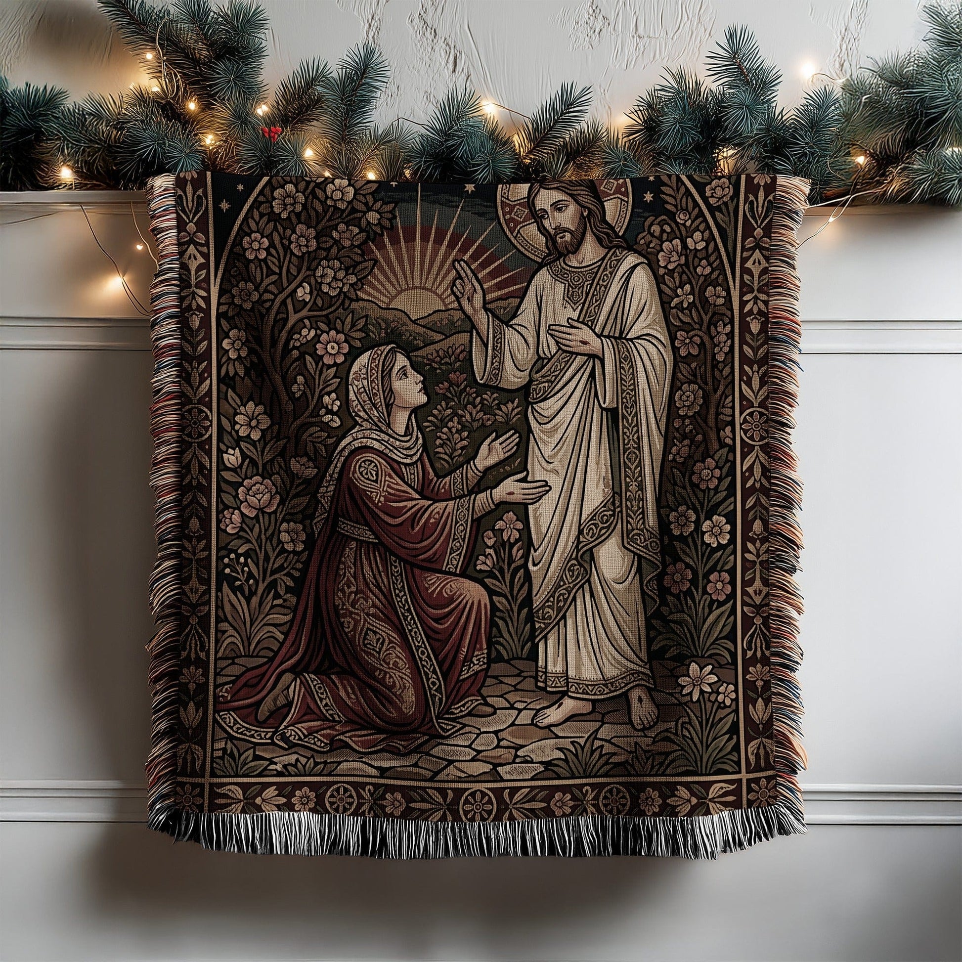 Religious Tapestry with Jesus and Praying Woman Design