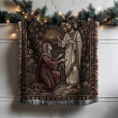 Religious Tapestry with Jesus and Praying Woman Design