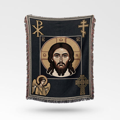 Jesus Christ portrait with IC XC and Celtic cross on a dark woven blanket.