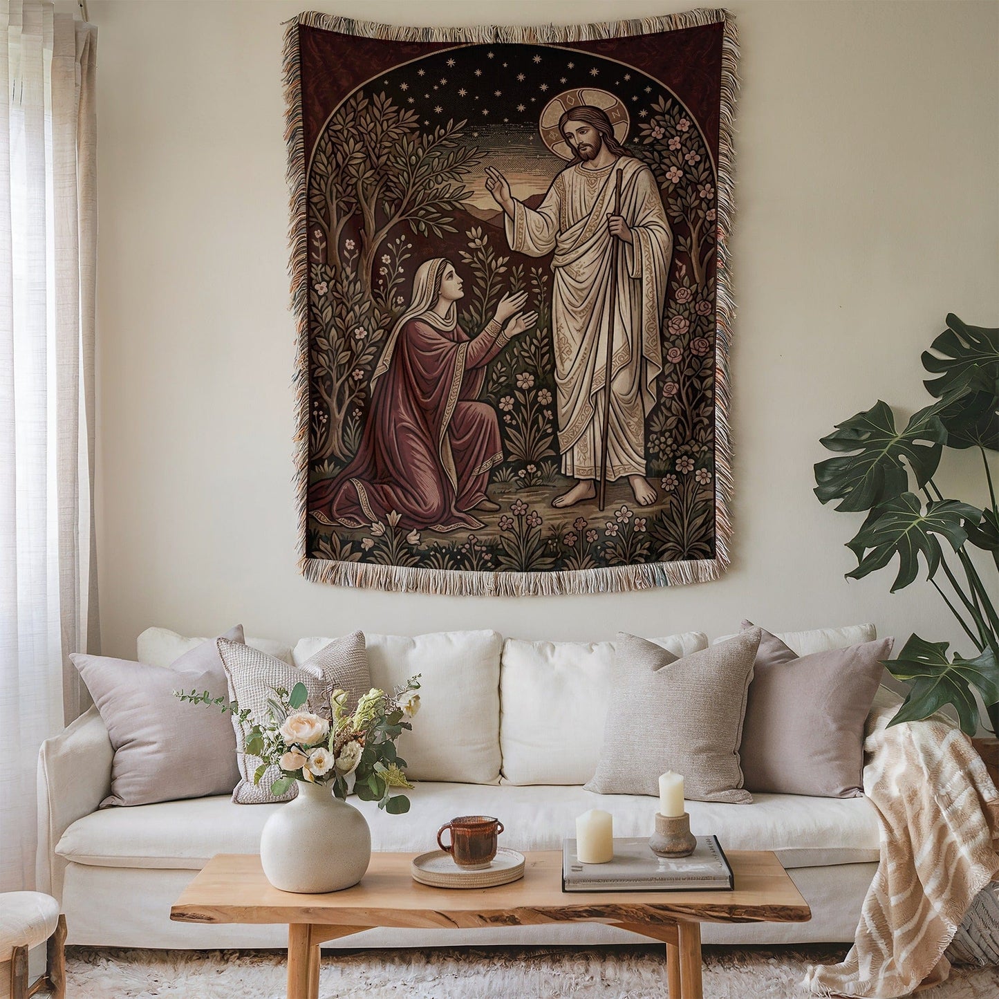 Religious Tapestry with Jesus and Woman Design Wall Decor
