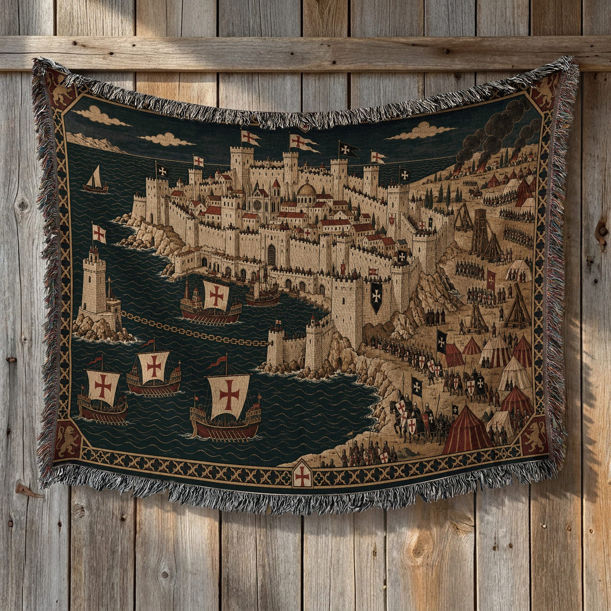 CalmNestStyle Crusader Harbor Siege I Smoke over the City jacquard woven blanket