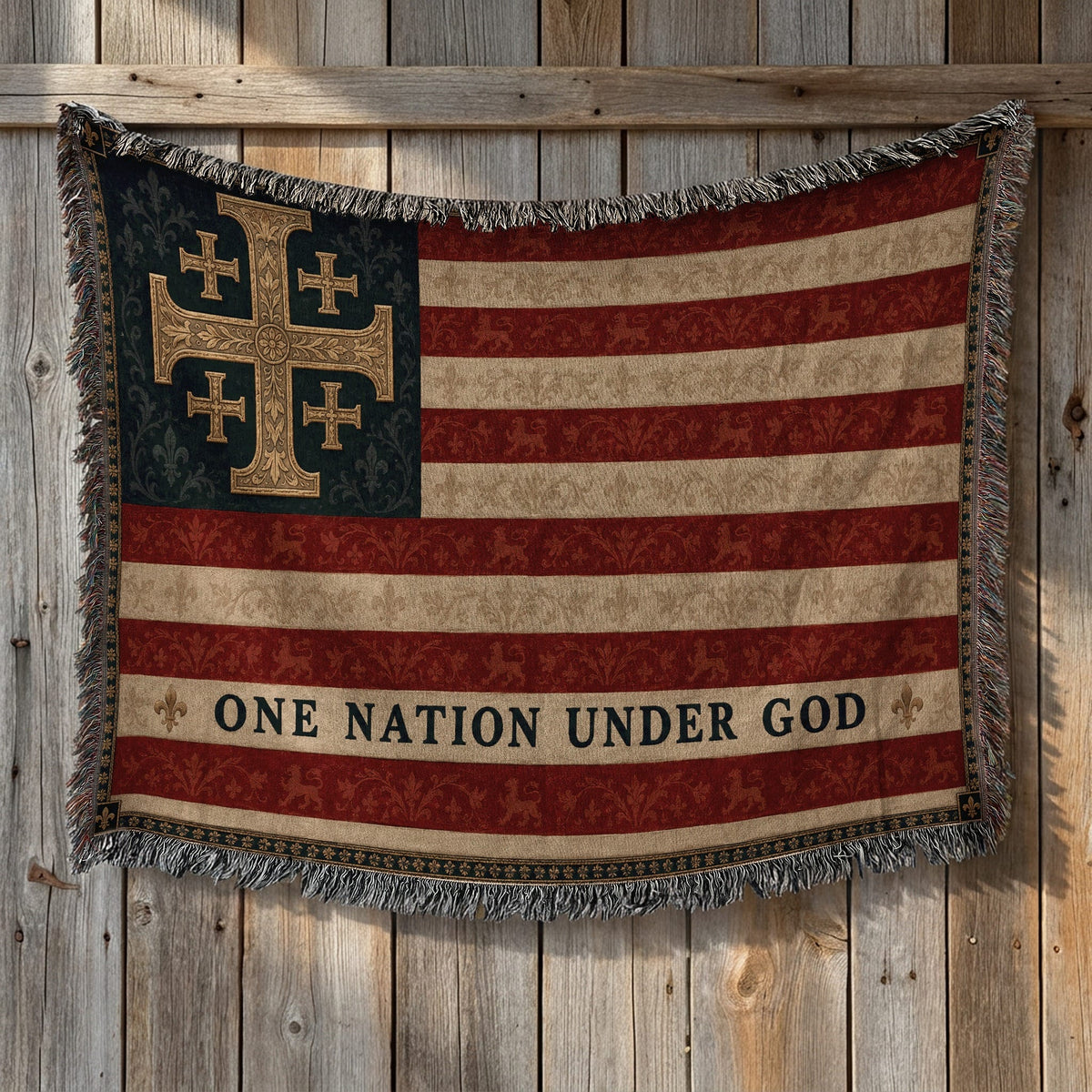 CalmNestStyle One Nation Under God Jerusalem Cross Flag Woven Blanket jacquard woven blanket