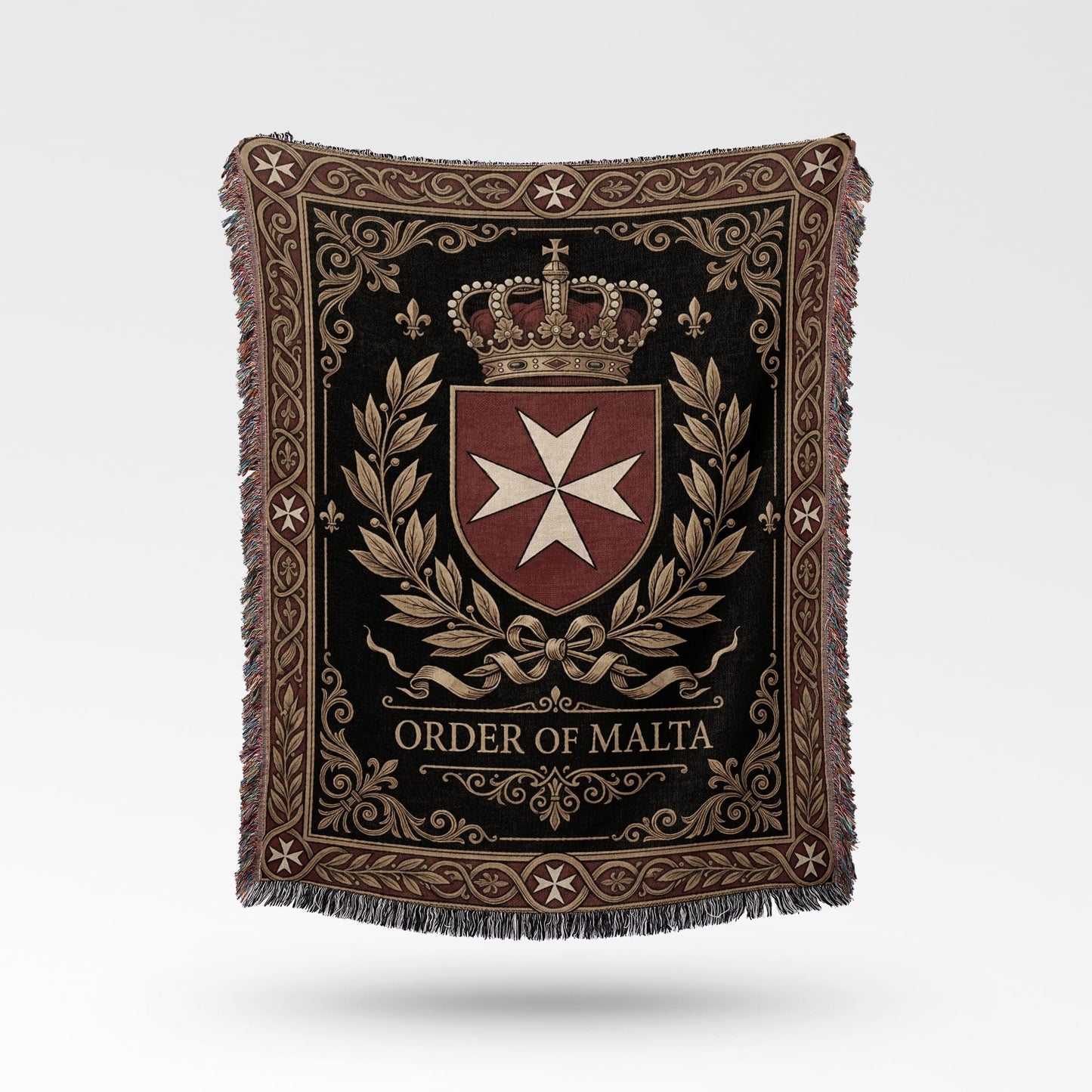 Tapestry blanket with Order of Malta crest and crown on dark background.