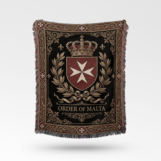 Tapestry blanket with Order of Malta crest and crown on dark background.