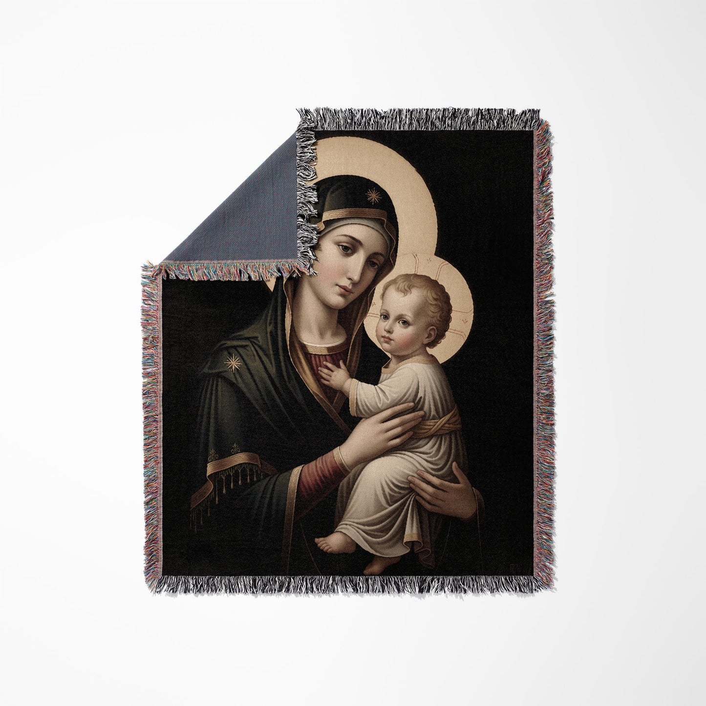 Madonna and Child painted artwork with fringed blanket edges.