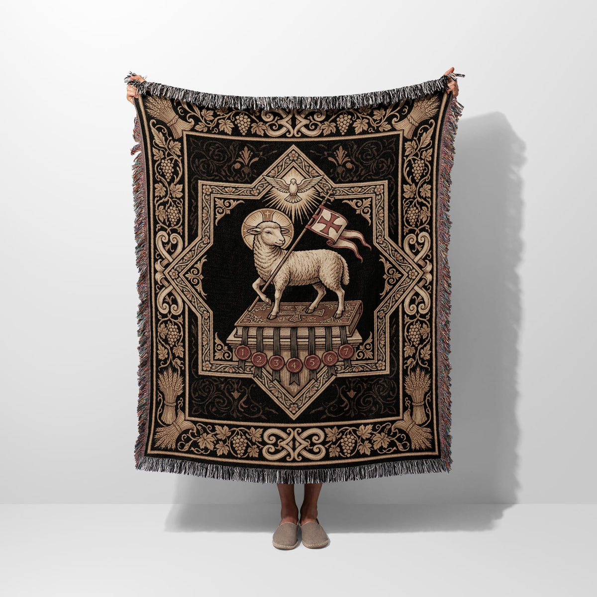 CalmNestStyle Divine Grace Ornate Lamb Woven Blanket jacquard woven blanket