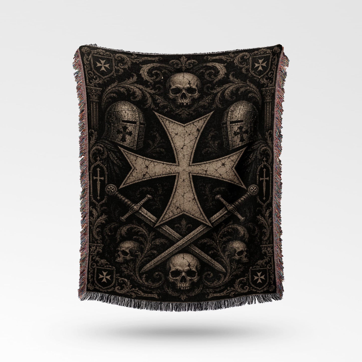Black woven blanket with a large Templar cross, skulls, and swords.