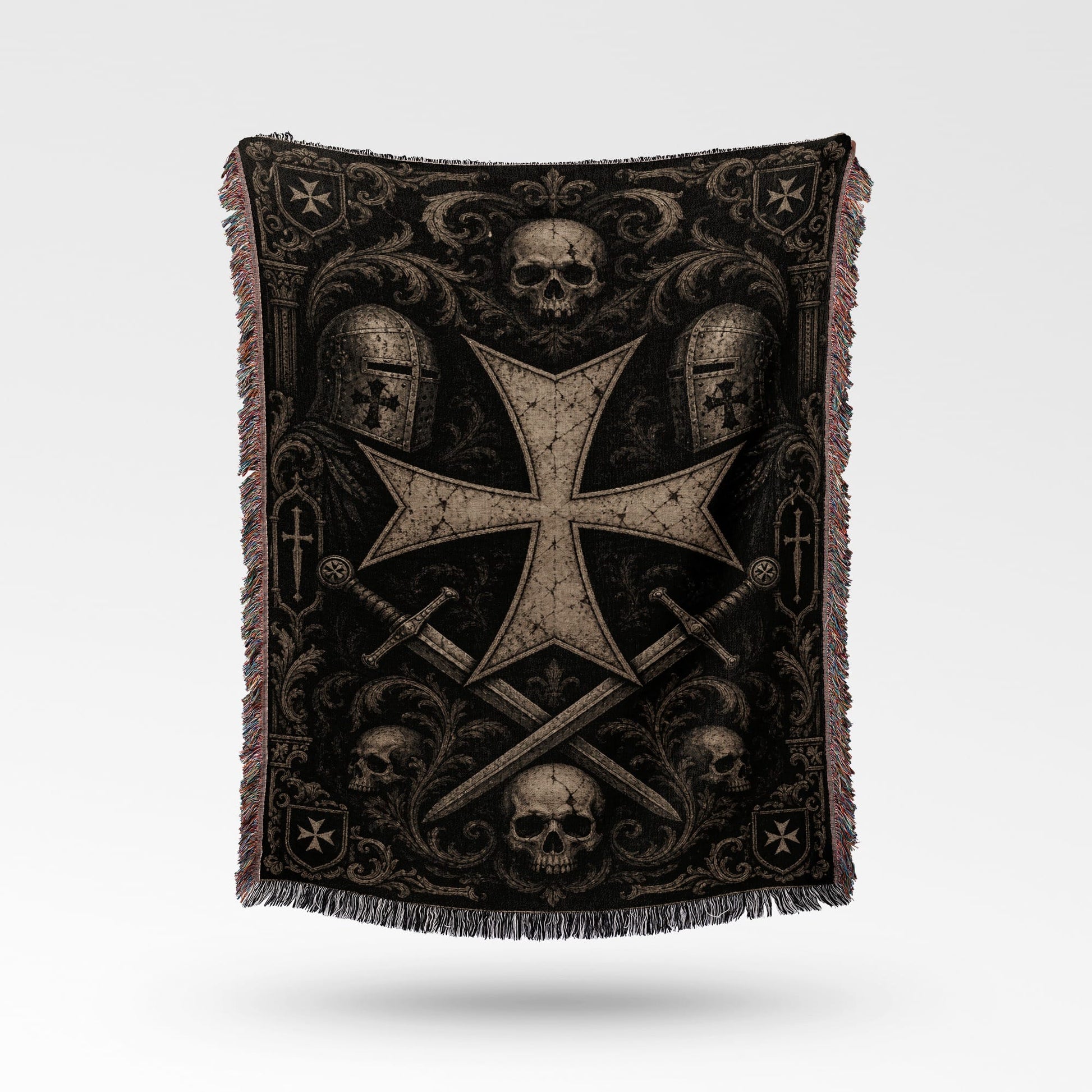 Black woven blanket with a large Templar cross, skulls, and swords.