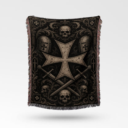 Black woven blanket with a large Templar cross, skulls, and swords.