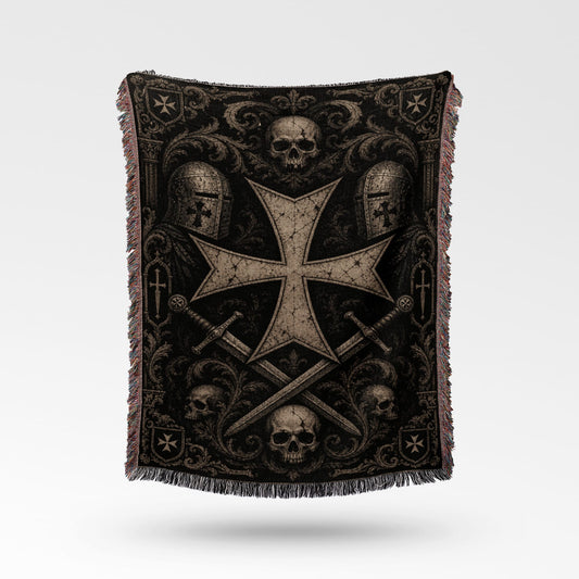 Black woven blanket with a large Templar cross, skulls, and swords.