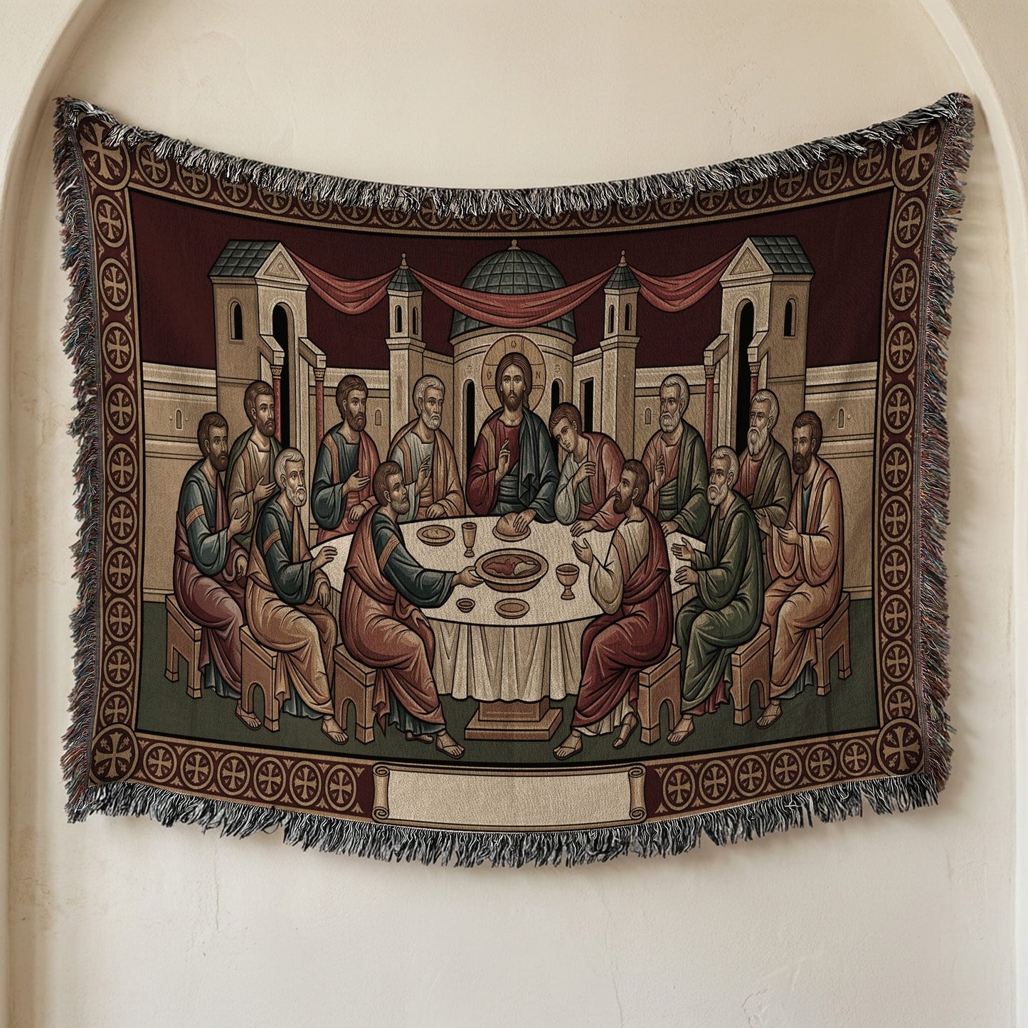 MyDesigns Crimson Gold Mystical Supper Landscape Tapestry - Byzantine Icon jacquard woven blanket