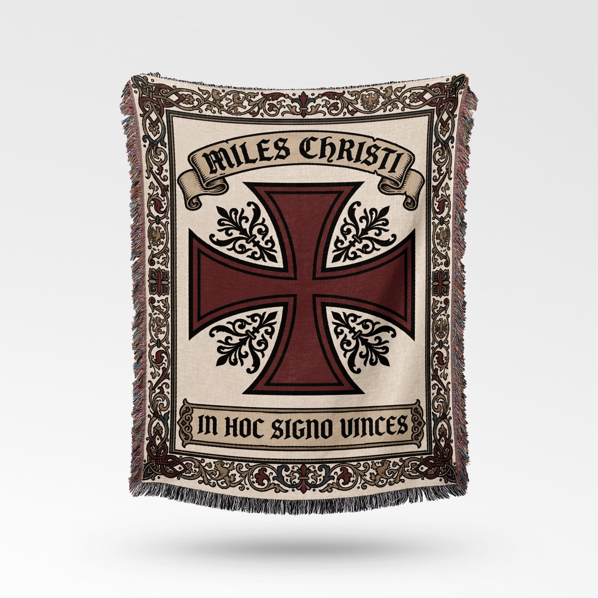 Tapestry featuring a red Templar cross on a cream background with "MILES CHRISTI" and "IN HOC SIGNO VINCES".