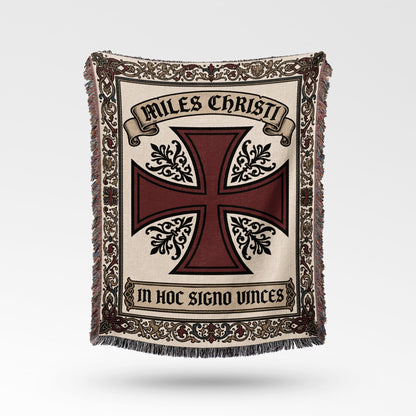 Tapestry featuring a red Templar cross on a cream background with "MILES CHRISTI" and "IN HOC SIGNO VINCES".
