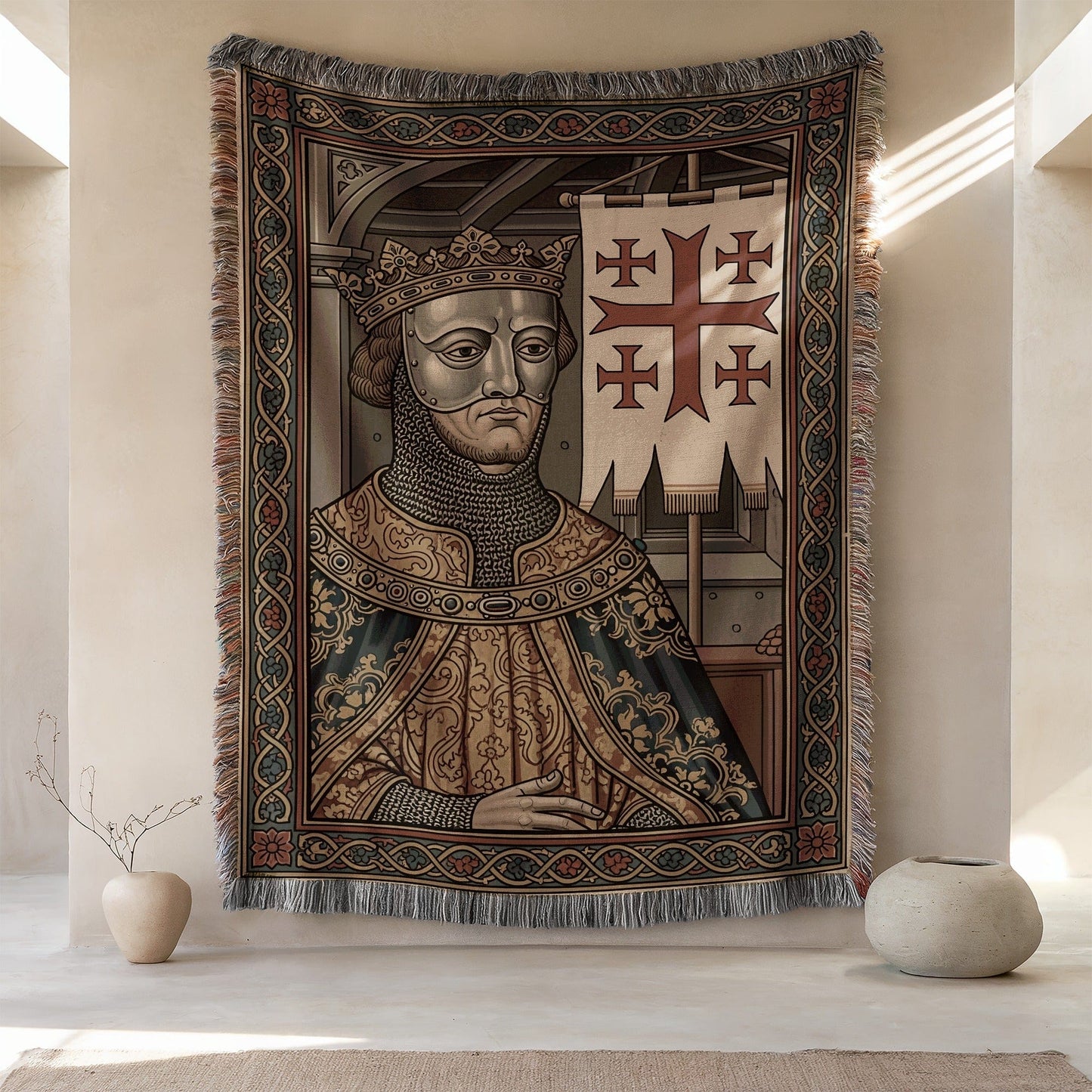 Vintage King with Cross Pattern Throw Blanket Wall Art