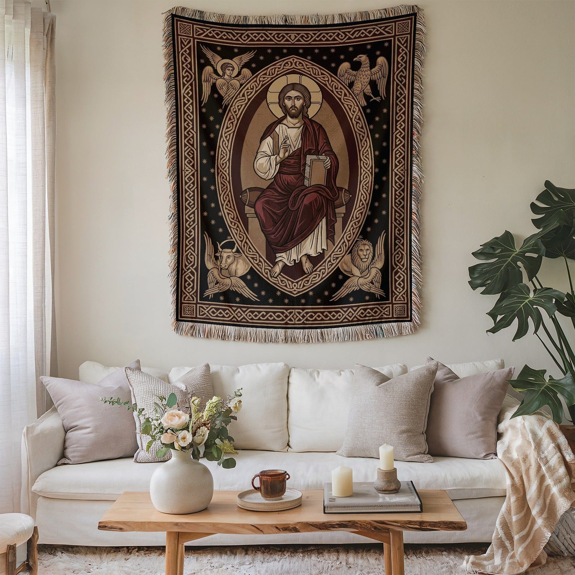 Artistic Religious Tapestry of Jesus Christ and Angels