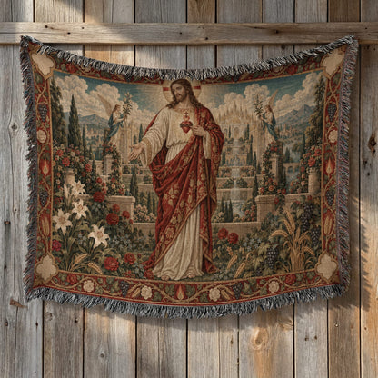 CalmNestStyle Sacred Heart of Jesus in the Heavenly Garden jacquard woven blanket