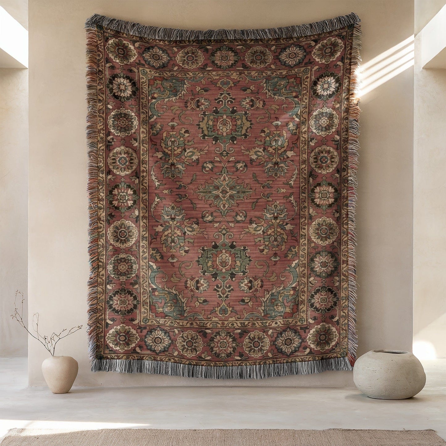 Ornate Floral Bohemian Tapestry with Fringe Details
