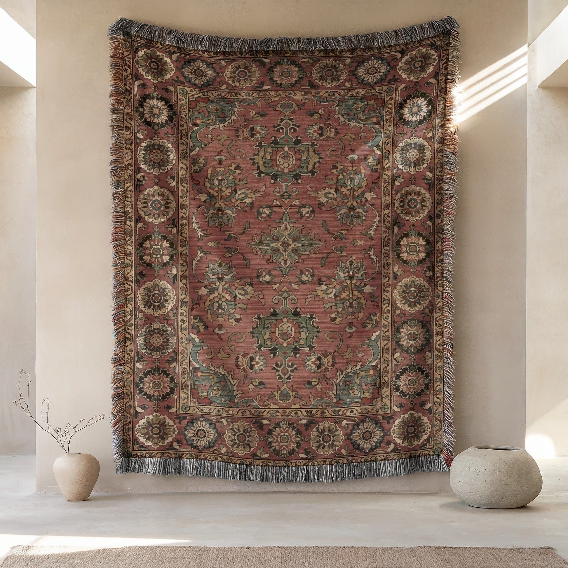 Ornate Floral Bohemian Tapestry with Fringe Details