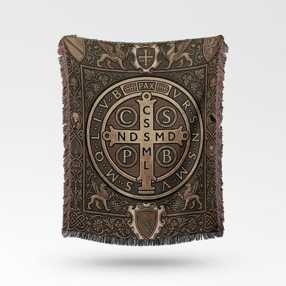 CalmNestStyle Intricate Saint Benedict Medal Sacred Cross Tapestry Art, a Blessed Sacramental Heirloom Woven Blanket jacquard woven blanket