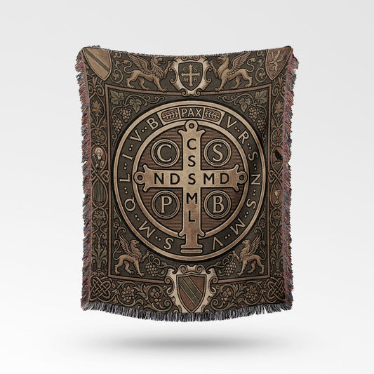 Tapestry throw featuring a Saint Benedict medal design with griffins and ornate borders.