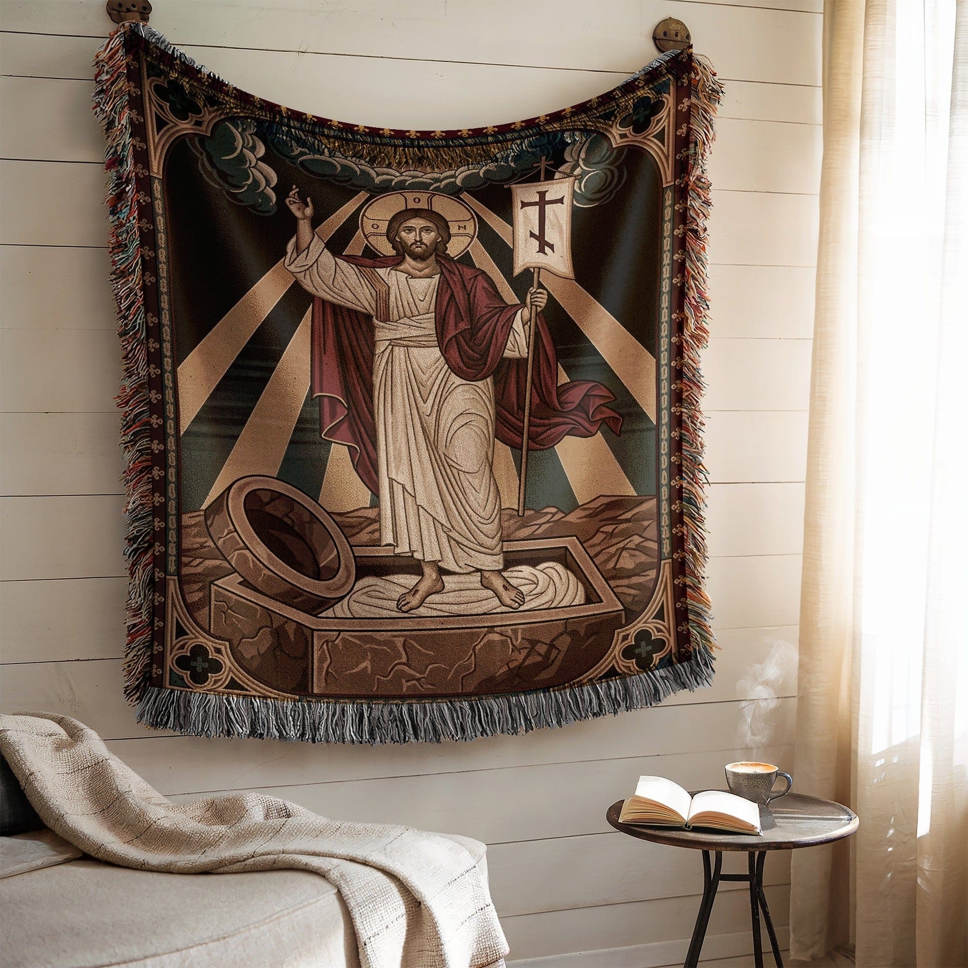 Religious Tapestry Art with Jesus Resurrection Design