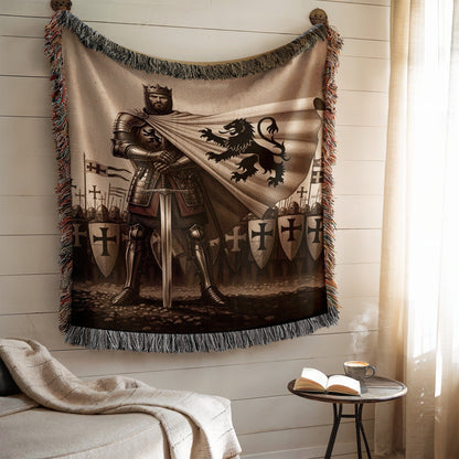 Majestic Knight Tapestry with Heraldic Lion Design
