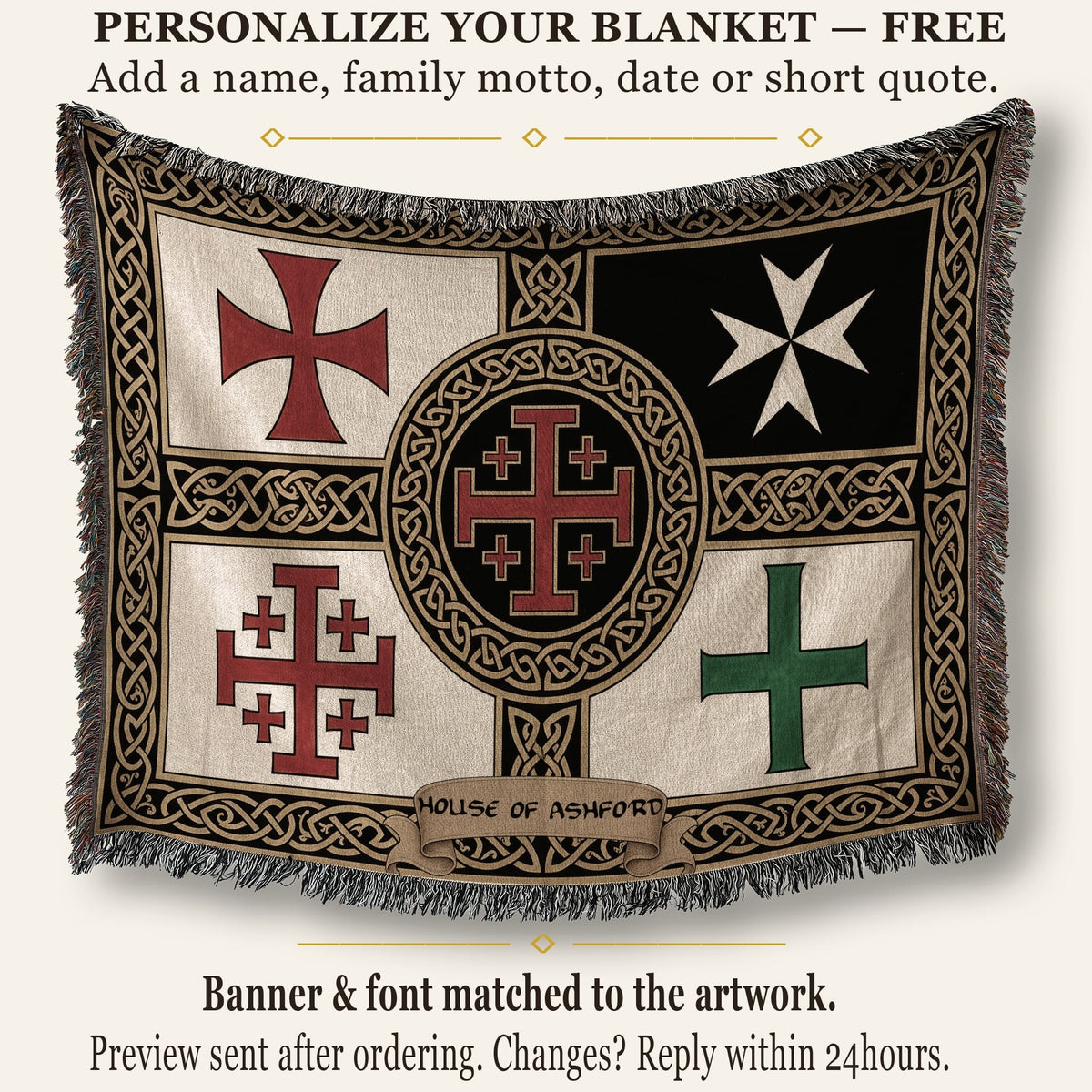MyDesigns Medieval Tapestry Woven Throw – Saint Lazarus Green Cross & Crusader Orders Blanket jacquard woven blanket