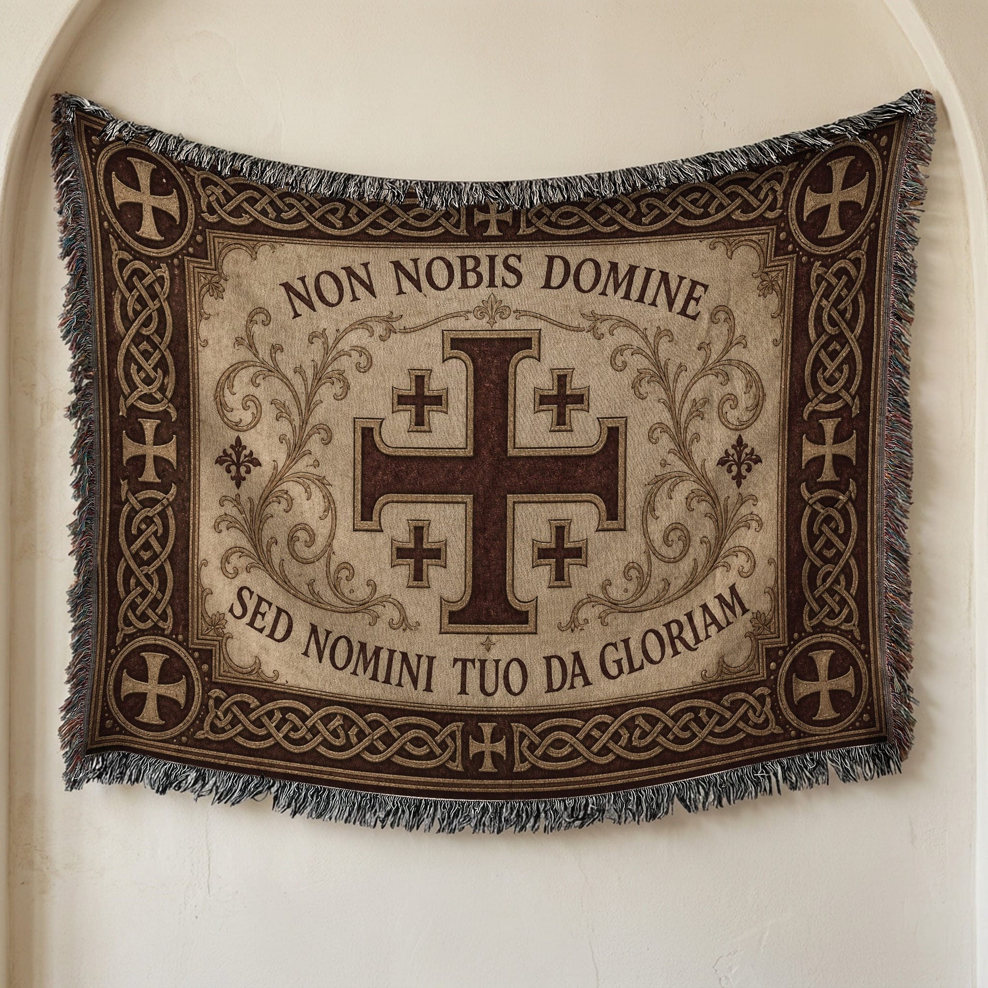MyDesigns Medieval Tapestry Woven Throw – Non Nobis Domine Sed Nomini Tuo Blanket, Ivory Parchment jacquard woven blanket