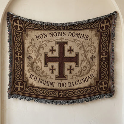 MyDesigns Medieval Tapestry Woven Throw – Non Nobis Domine Sed Nomini Tuo Blanket, Ivory Parchment jacquard woven blanket