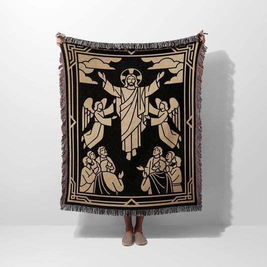 Tapestry blanket with Jesus and angels in beige and black design.