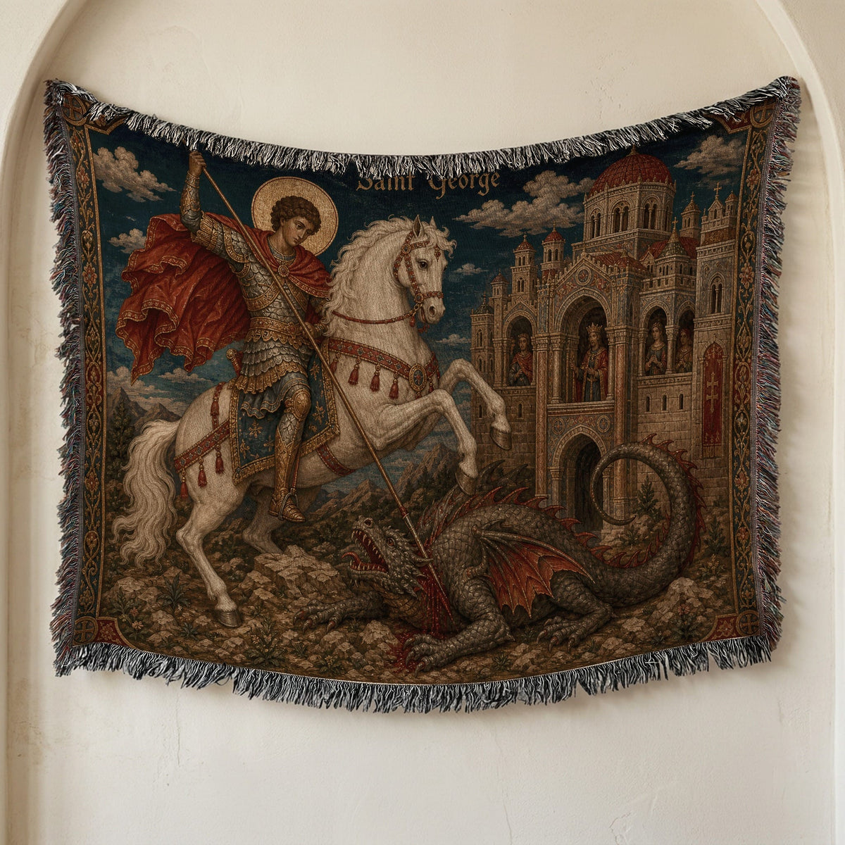 CalmNestStyle Saint George Icon With Gold Halo jacquard woven blanket