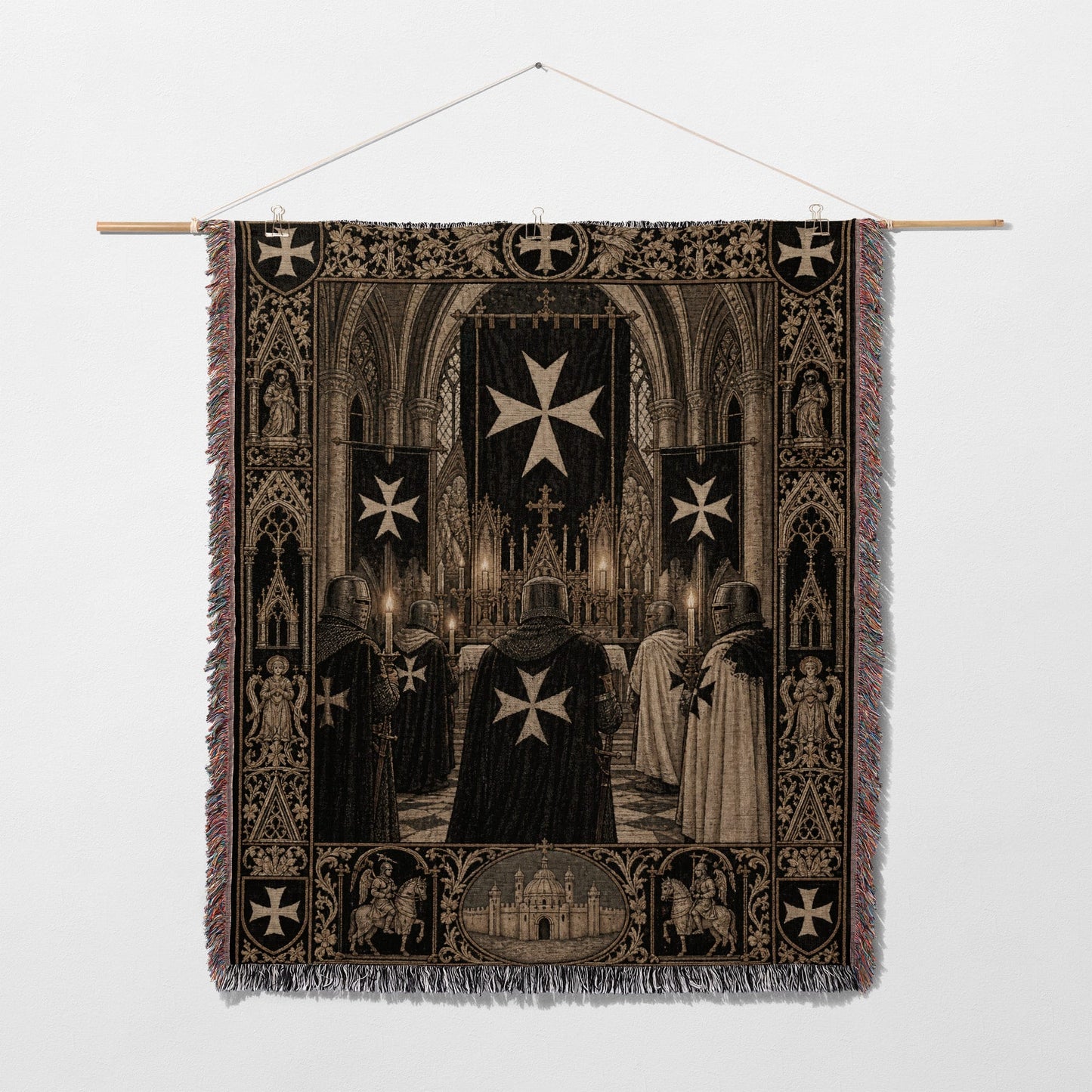 Knights Templar in a cathedral setting with ornate tapestry border.