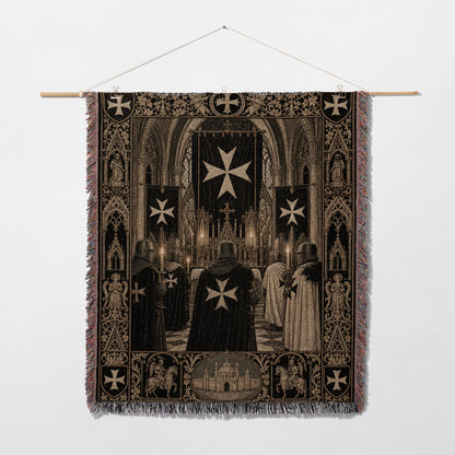 Knights Templar in a cathedral setting with ornate tapestry border.