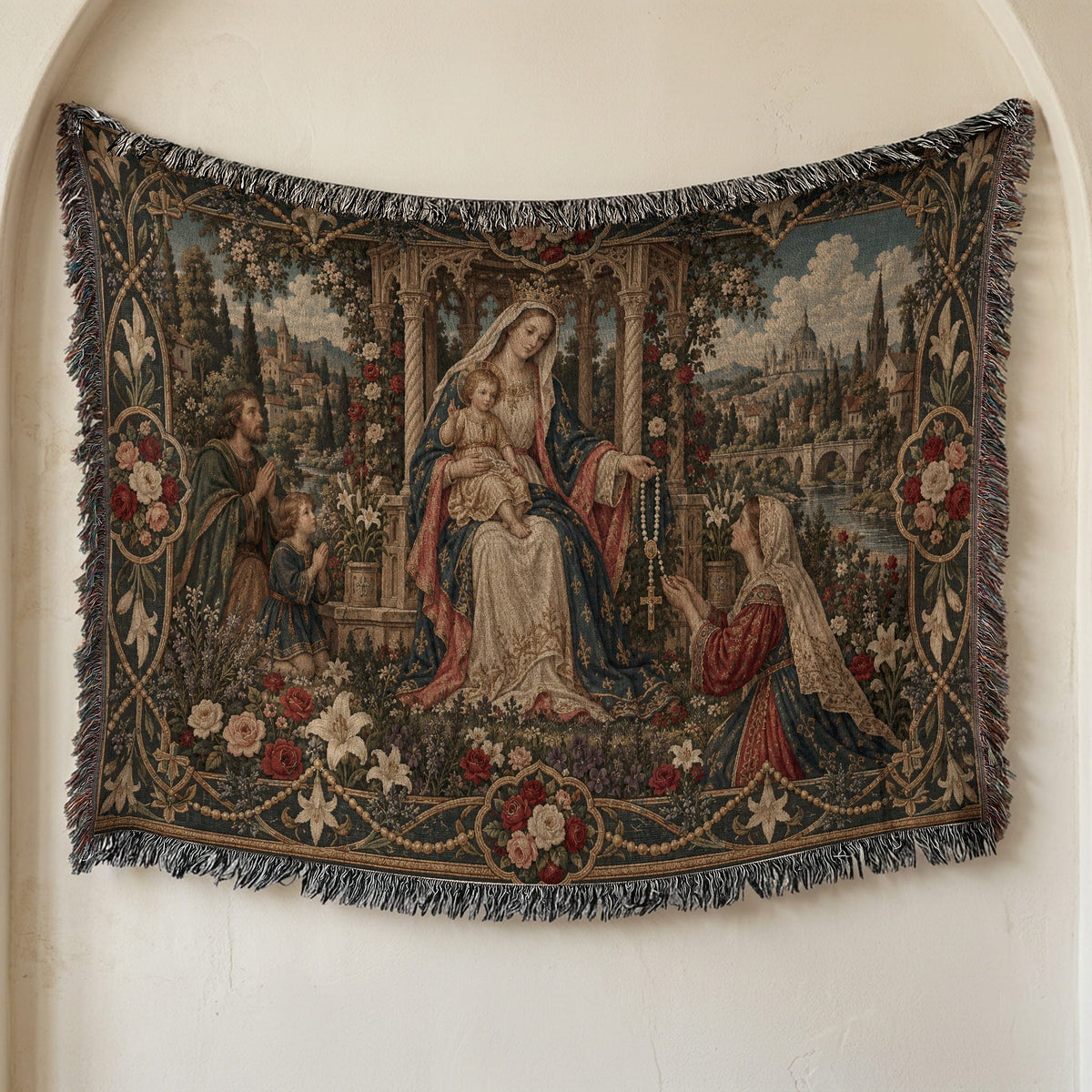 CalmNestStyle Our Lady of the Rosary jacquard woven blanket