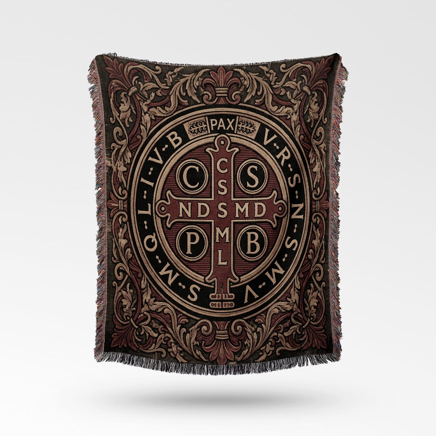 Tapestry throw featuring the Saint Benedict medal design in red and gold.