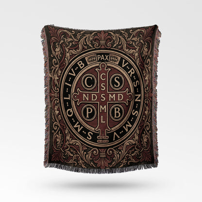 CalmNestStyle Ornate Benedictine Cross Woven Blanket jacquard woven blanket