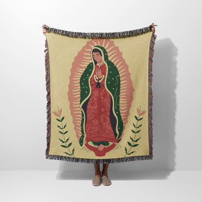 Woven tapestry blanket featuring the Virgin of Guadalupe design.