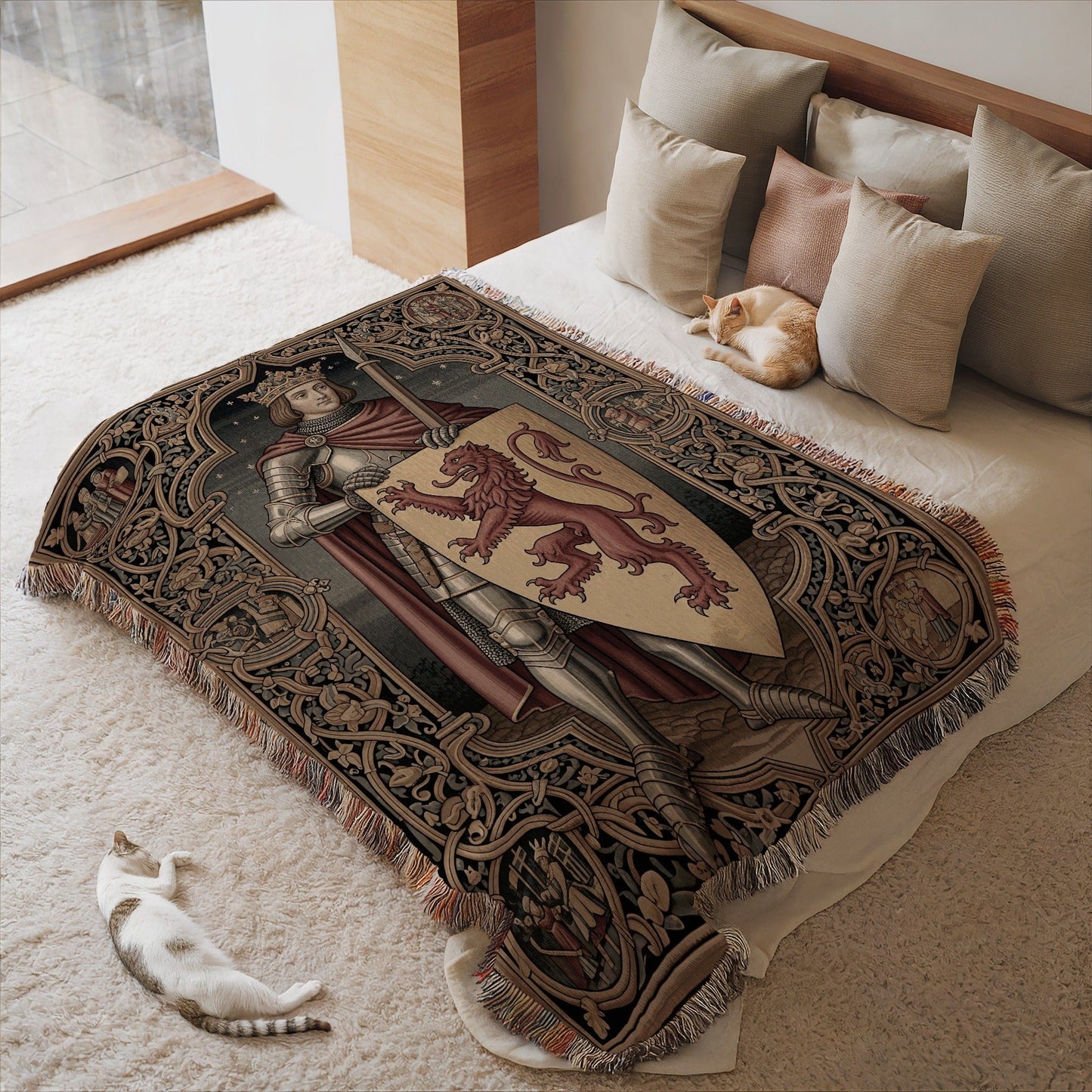 Medieval Knight Tapestry Blanket with Cat Print Design