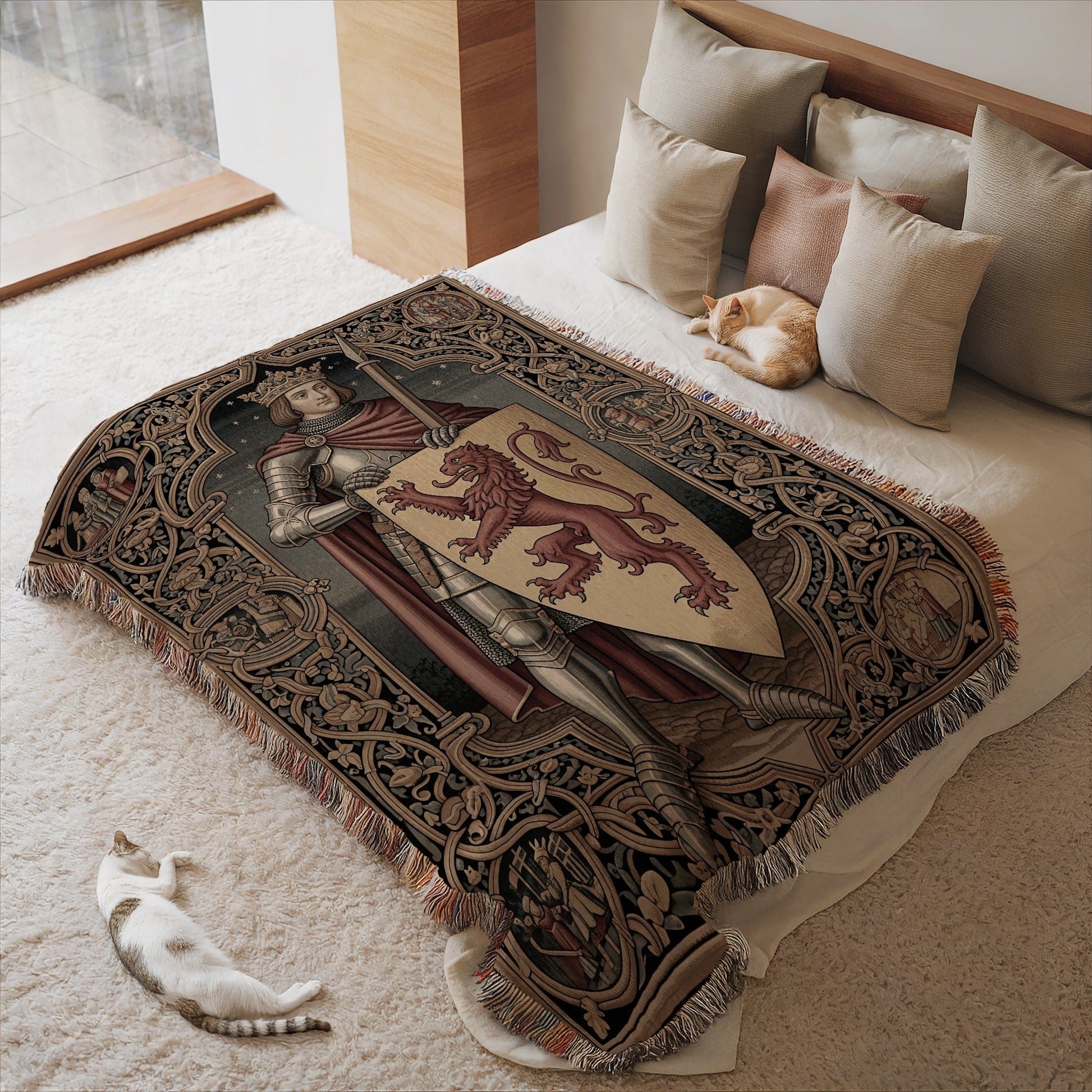 Medieval Knight Tapestry Blanket with Cat Print Design